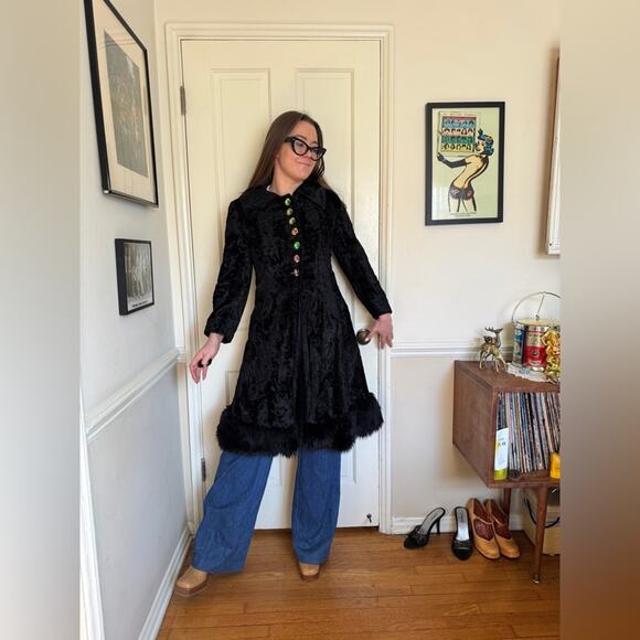 Vintage Jackets & Blazers - 60s Vintage Black Velvet Princess Coat with Faux Fur Hem